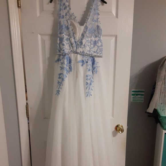 White Prom Dress with Blue Flower Embroidery - Picture 3 of 6
